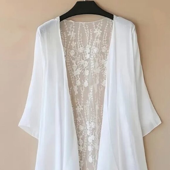 Floral Pattern White Lace Splicing Blouse, Open Front Cover Up Kimono Women 1X - Picture 13 of 13